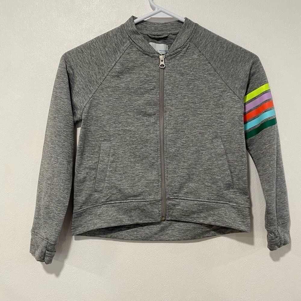 Rockets of Awesome Girls Gray Full-Zip Jacket with Rainbow Stripe Sleeve Size 7